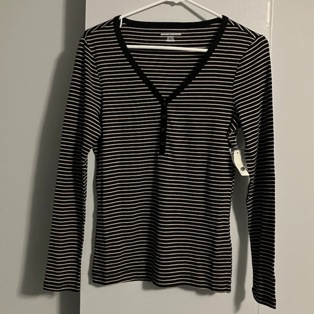 NWT Amazon Essentials V-Neck Striped Henley Top Women's Size S‎